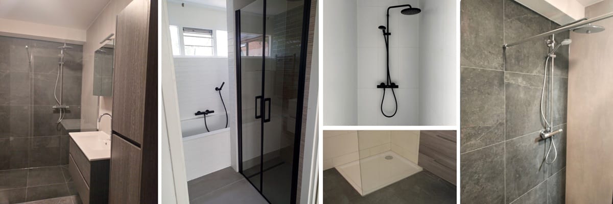 Luxe inloopdouche en strak tegelwerk van een badkamer renovatie Rotterdam door RM Kluswerk.